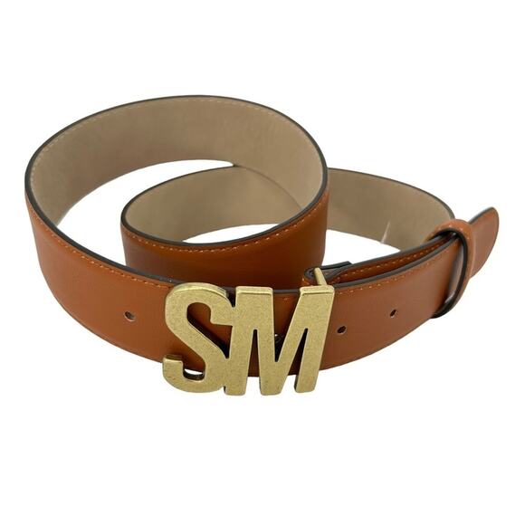 NEW Steve Madden Cognac Brown Faux Leather Belt Bronze Belt Buckle Size Small - Picture 1 of 6